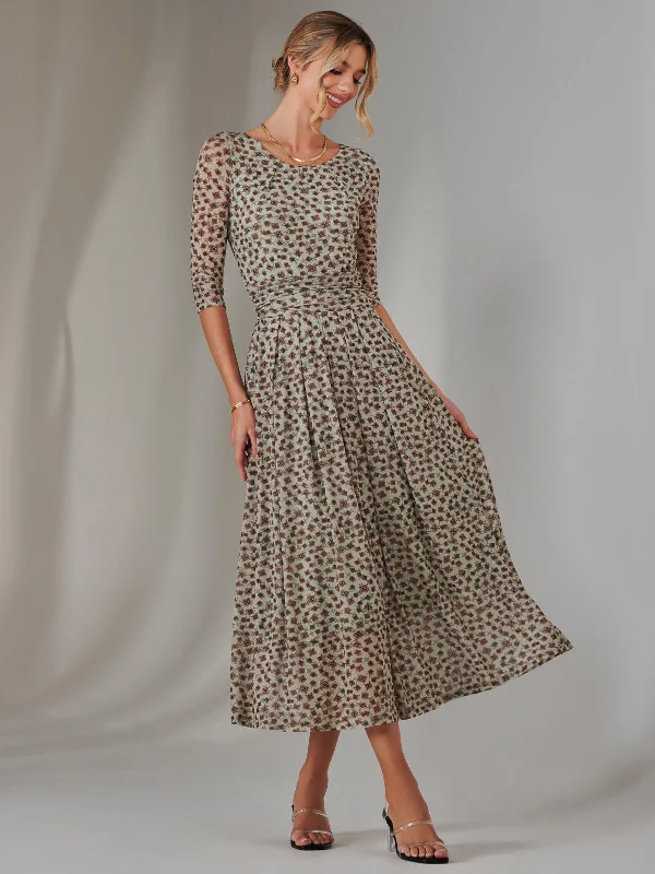 Women's Vacation Garments Flash Sale Bella Print 3/4 Sleeve Mesh Maxi Dress, Green Multi