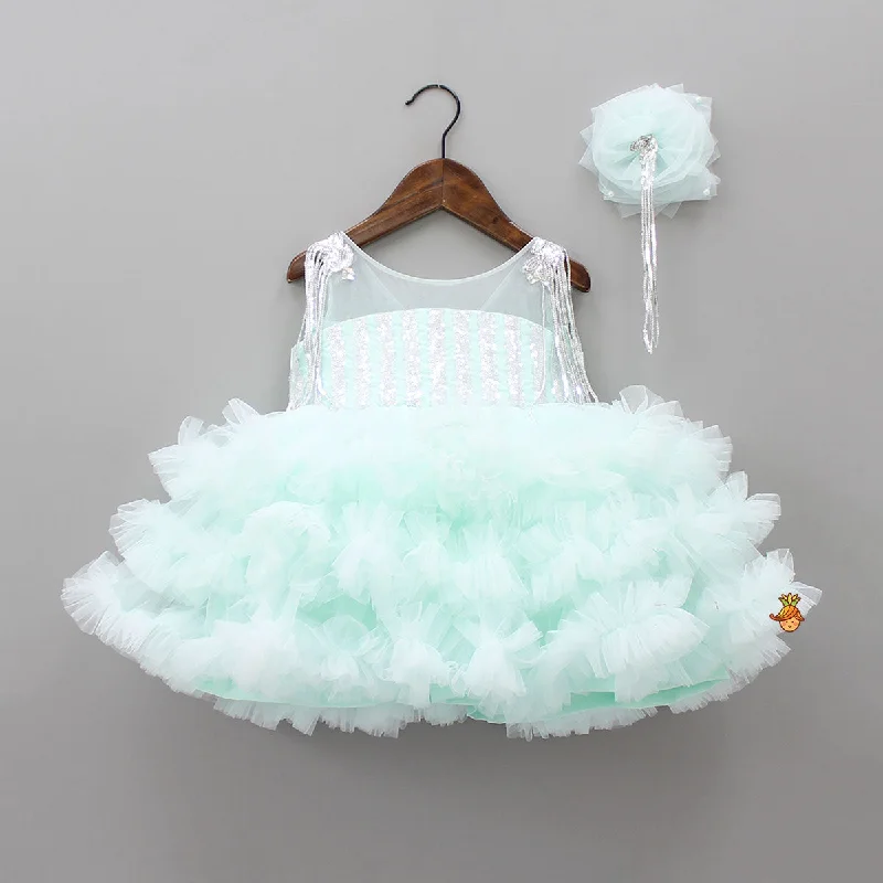 Modern Women's Outfit Fashion Frontiers Blue Ruffle And Sequin Dress With Hair Clip