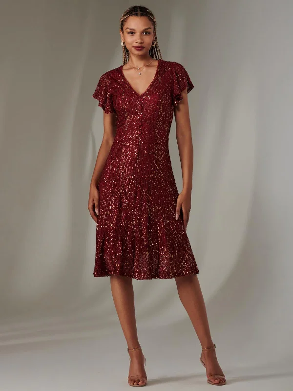 Women's Comfortable Lounge Garments Urban Fashion Sequin Fit & Flare Midi Dress, Burgundy Multi