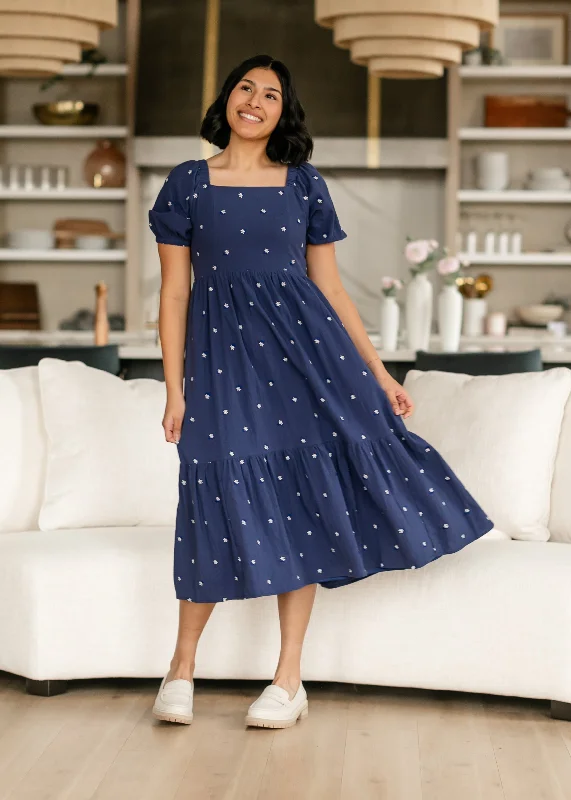 Women's Clothing Sets Limited Time Special Offer Embroidered Navy Square Neck Dress