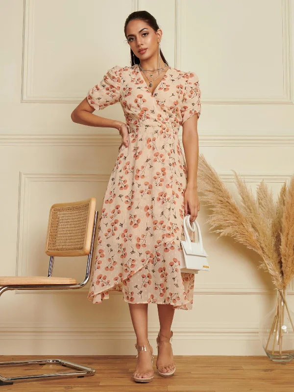 Women's Casual Clothing For Lounging Explore What'S New Puff Sleeve Chiffon Wrap Midi Dress, Beige