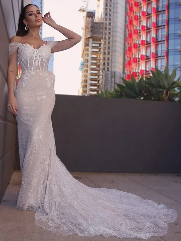 Women's Occasion Wear Apparel Elevated Casual Discounts Sheath/Column Lace Sleeveless Off-the-Shoulder Applique Court Train Wedding Dresses Women's Occasion Wear Apparel Elevated Casual Discounts Sheath/Column Lace Sleeveless Off-the-Shoulder Applique Court Train Wedding Dresses