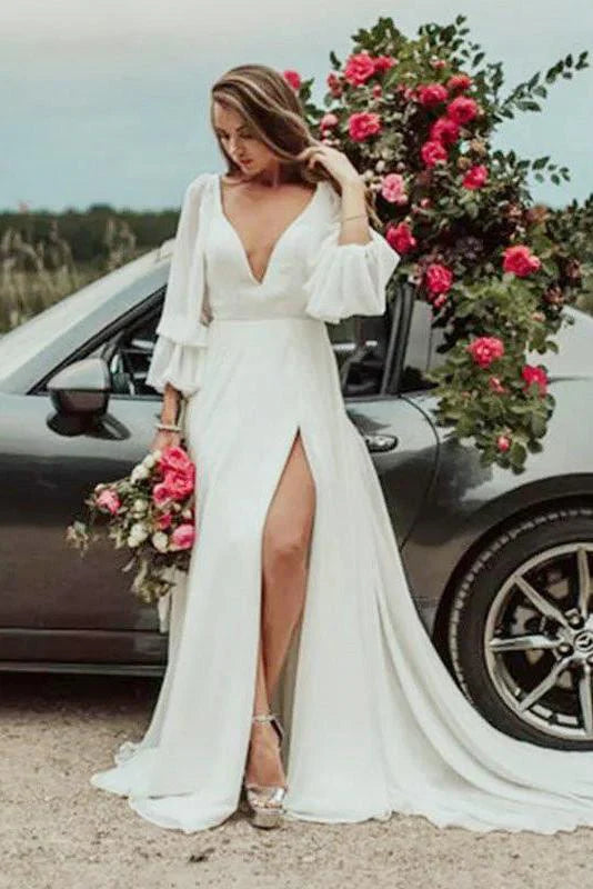Women's Chic Outerwear Garments Hot Trends V Neck A Line Long Sleeves Wedding Dresses With Slit Women's Chic Outerwear Garments Hot Trends V Neck A Line Long Sleeves Wedding Dresses With Slit