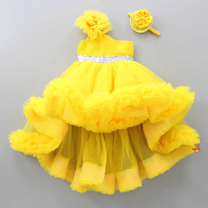 Women's Travel Apparel Cozy Comfort Style Sale One Shoulder Ruffle Hem High Low Yellow Dress With Matching Head Band Women's Travel Apparel Cozy Comfort Style Sale One Shoulder Ruffle Hem High Low Yellow Dress With Matching Head Band