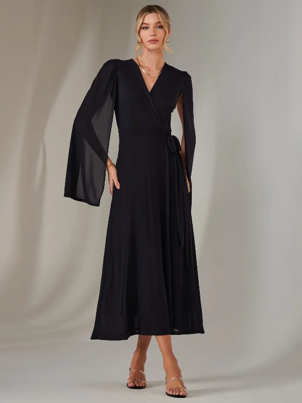 Women's Plus-Size Clothes Forward Trendsetter Amira Cape Sleeve Wrapped Maxi Dress, Navy