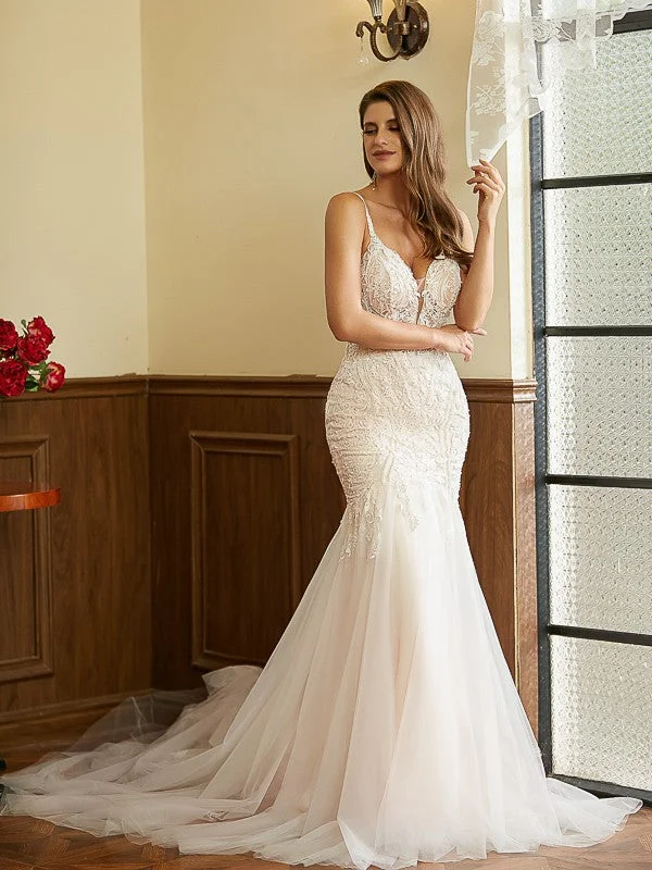 Tailored Clothing For Women Style Without Limits Trumpet/Mermaid Tulle Lace V-neck Sleeveless Cathedral Train Wedding Dresses Tailored Clothing For Women Style Without Limits Trumpet/Mermaid Tulle Lace V-neck Sleeveless Cathedral Train Wedding Dresses