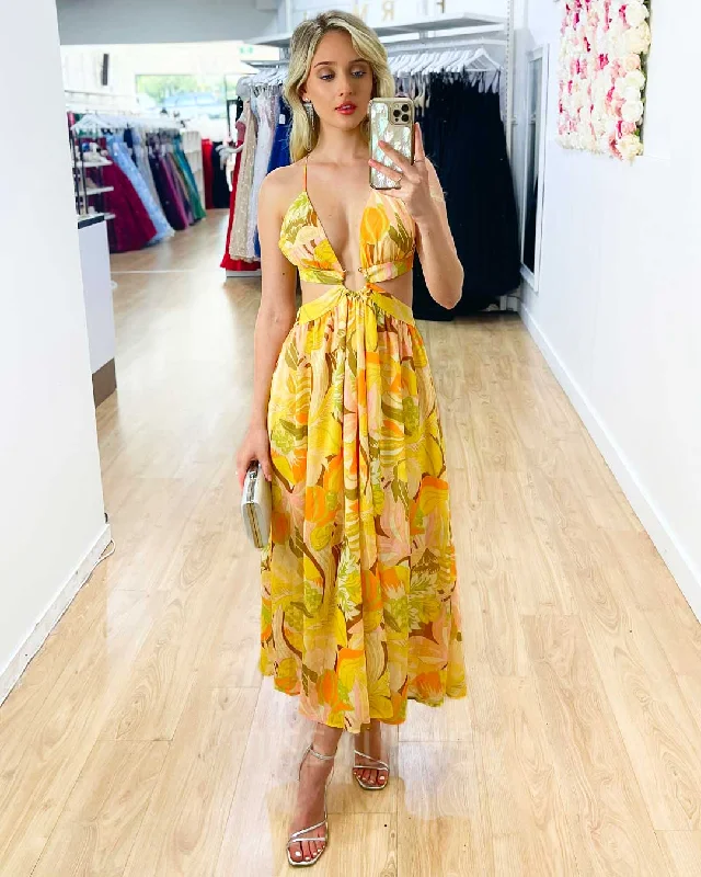 Plus-Size Women's Clothing Fresh Fashion Discounts Nina Chiffon Midi Dress - Yellow Floral