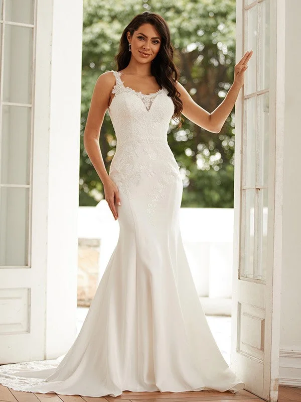 Women's Seasonal Attire Style Revolution Sheath/Column Stretch Crepe Lace Straps Sleeveless Court Train Wedding Dresses Women's Seasonal Attire Style Revolution Sheath/Column Stretch Crepe Lace Straps Sleeveless Court Train Wedding Dresses