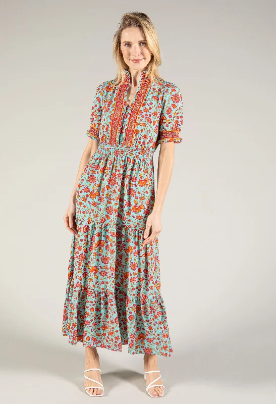 Women's High-End Clothing Style Revolution Ruffle Neckline Floral Maxi Dress