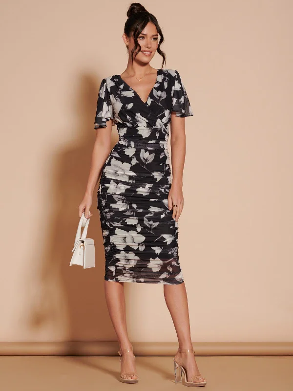 Modern Women's Outfit Unbeatable Prices Angel Sleeve Ruched Mesh Midi Dress, Black Floral