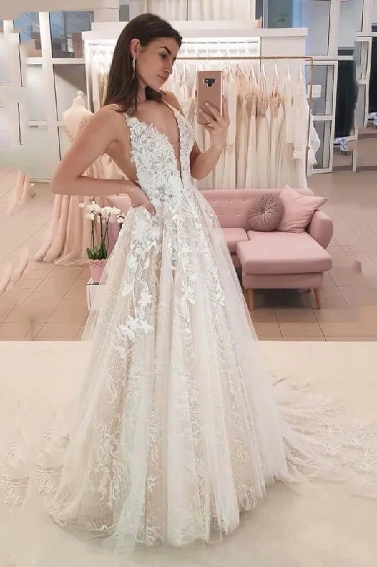 Women's Cozy Clothes Flirty Fashion Discounts A Line V Neck Tulle Long Wedding Dresses With Lace Appliques