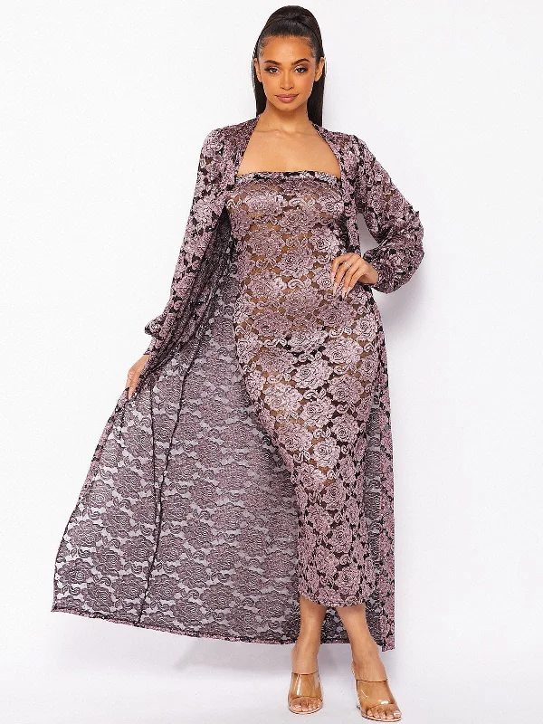 Women's Comfortable Garments Special Offers WOMEN'S LONG SLEEVE CARDIGAN & SLEEVELESS BODYCON LACE SEQUINS MAXI DRESS 2PC. SET