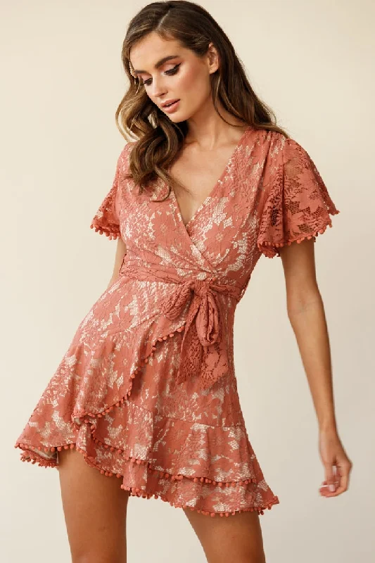 Sustainable Fashion Clothing For Women Fashion Sale Cami Angel Sleeve Faux Wrap Dress Lace Rose