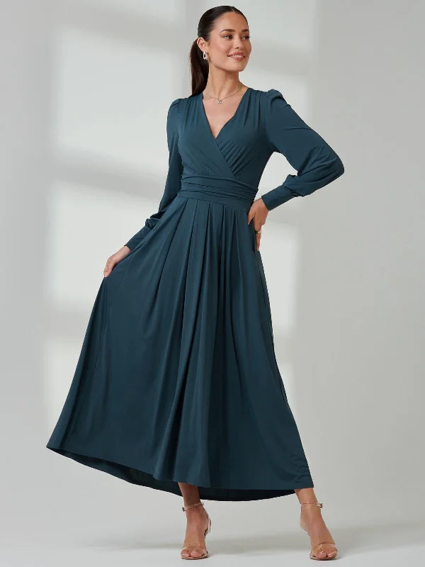 Women's Garments Flirty Fashion Discounts Long Sleeve Soft Silky Jersey Maxi Dress, Dark Teal
