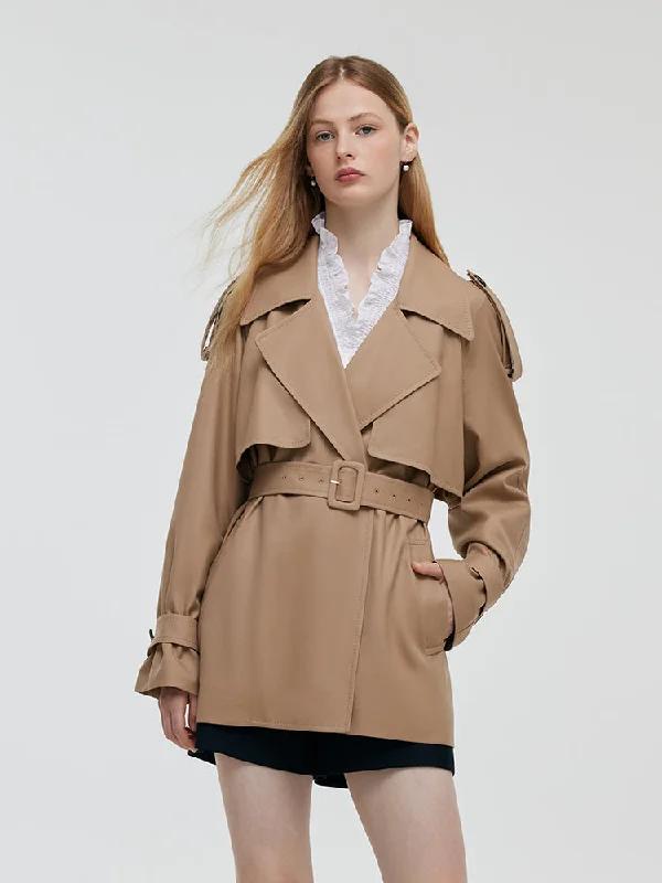 Women's Work Outfit For The Office Worsted Wool Women Cropped Trench Coat With Belt