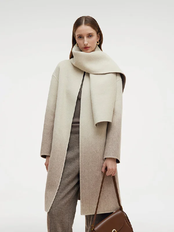 Stylish Women's Garments Wool Blend Gradient Reversible Women Overcoat With Scarf