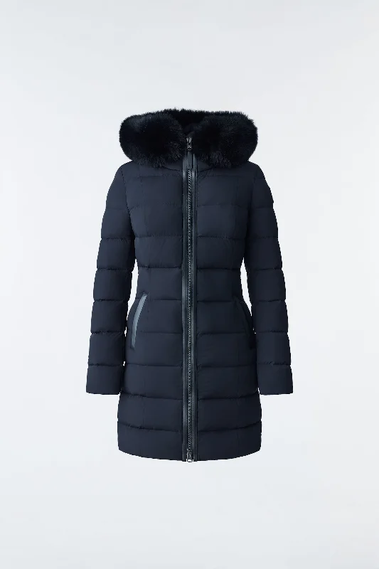 Comfortable Women's Apparel CALLA Agile-360 stretch light down coat with blue fox fur collar Black