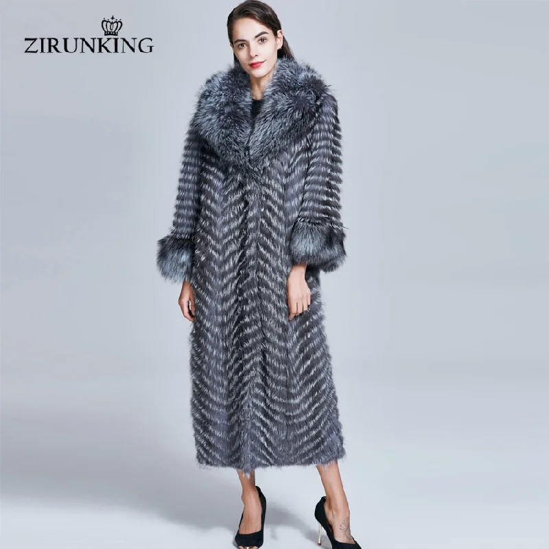 Women's Holiday Apparel ZIRUNKING Long Real Fur Coat Women Natural Silver Fox Fur Coats Female Fox Parkas Outwear Women Clothes ZC1728