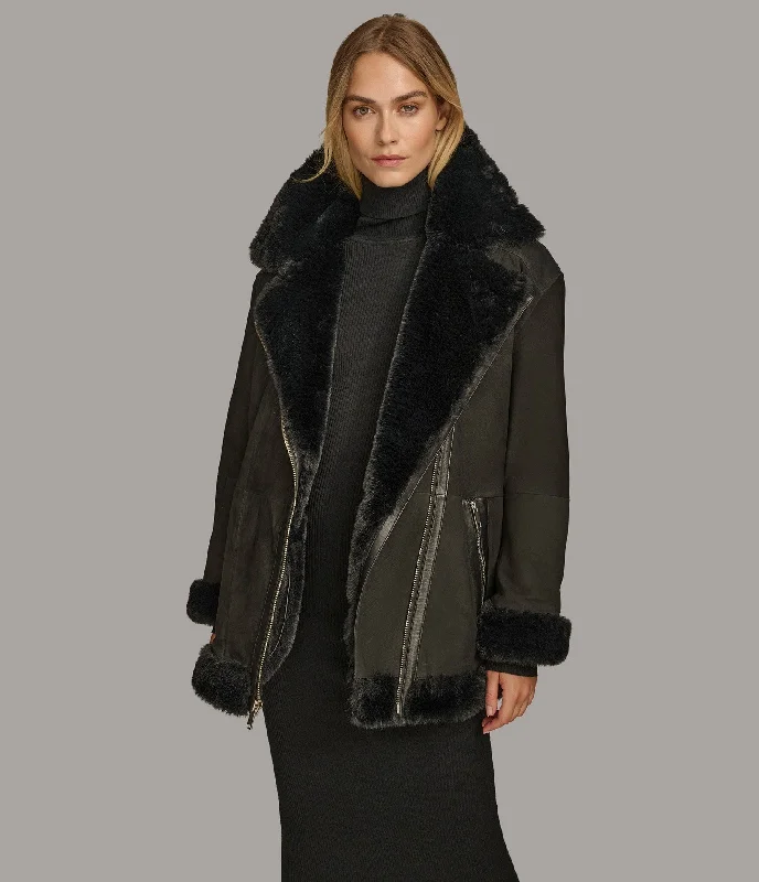 Women's Trendy Casual Outfit Giovanna Suede Asymmetrical With Faux Fur Lining