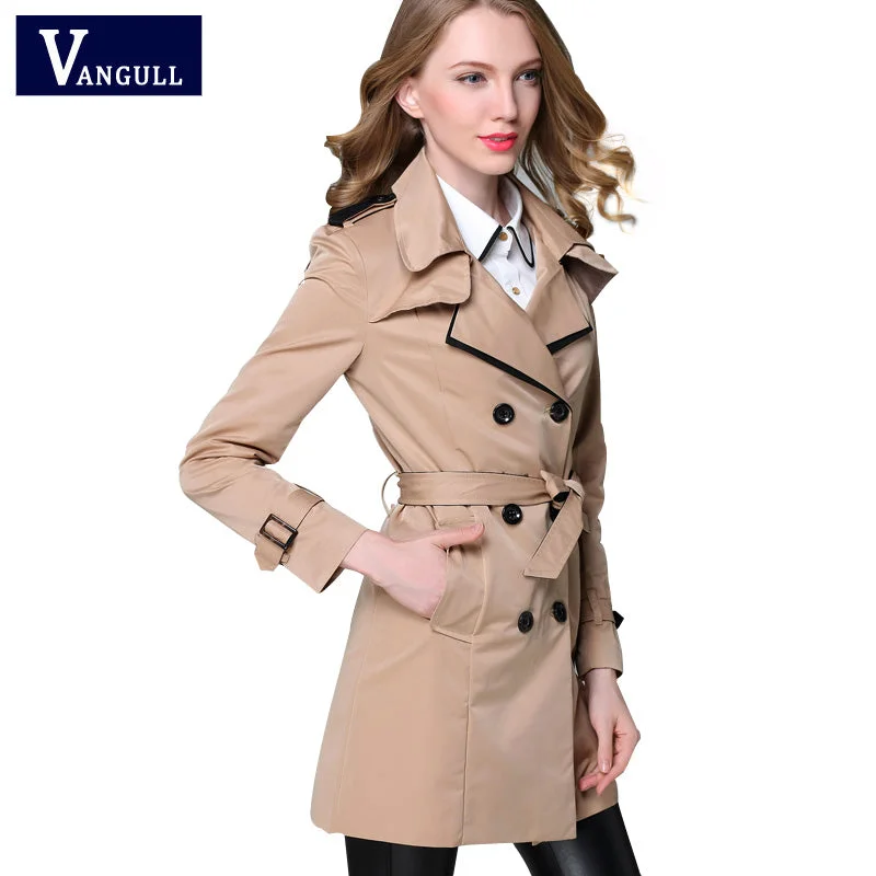 Affordable Luxury Women's Garments VANGULL 2017 New Fashion Designer Brand Classic European Trench Coat khaki Black Double Breasted Women Pea Coat real photos