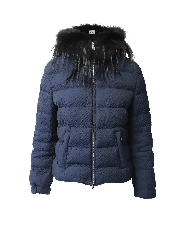Timeless Women's Clothes Prada Padded Jacket with Fur Collar in Navy Blue Polyester
