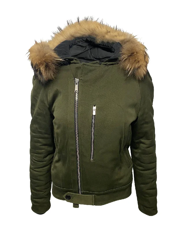 Modern Women's Apparel Sandro Paris Fur Trim Hooded Parka in Green Cotton