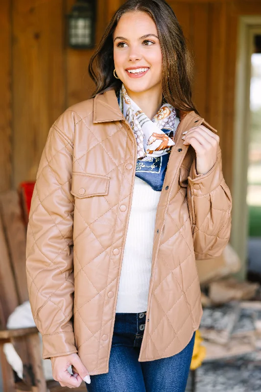 Comfortable Women's Clothing On A Mission Camel Brown Faux Leather Puffer Jacket