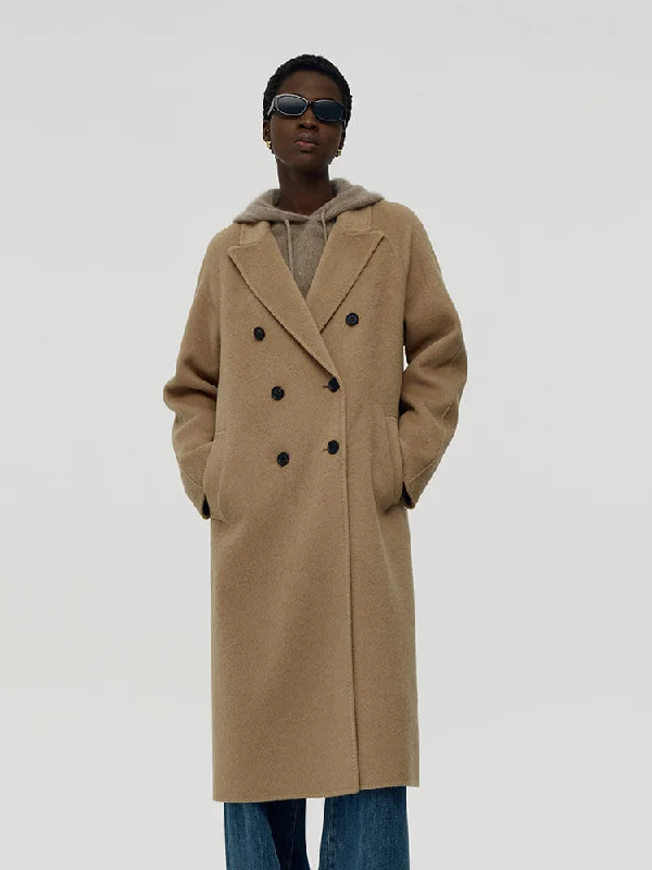 Stylish Outerwear Clothing For Women 100% Camel Hair Peak Lapel Unisex Overcoat