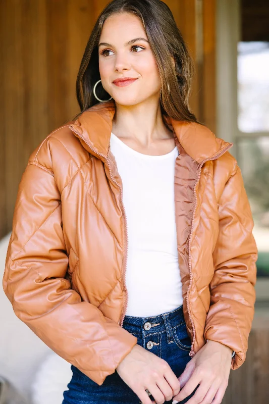 Stylish Women's Clothing Meet You There Camel Brown Faux Leather Puffer Jacket