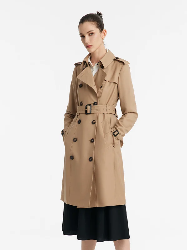 Women's Elegant Clothing Sets Worsted Wool Gathered Waist Double-Breasted Women Trench Coat