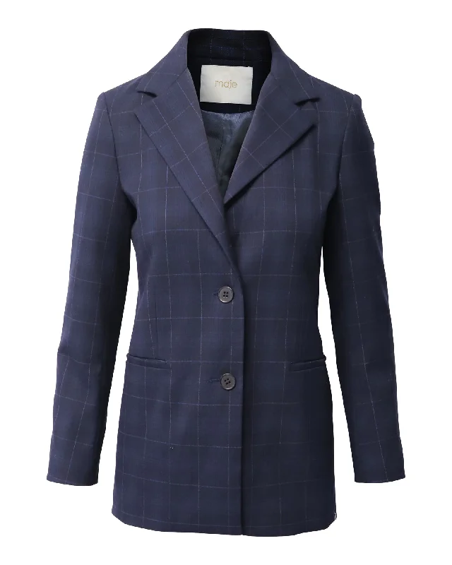 Luxury Women's Clothes Maje Plaid Blazer Jacket in Navy Blue Polyester