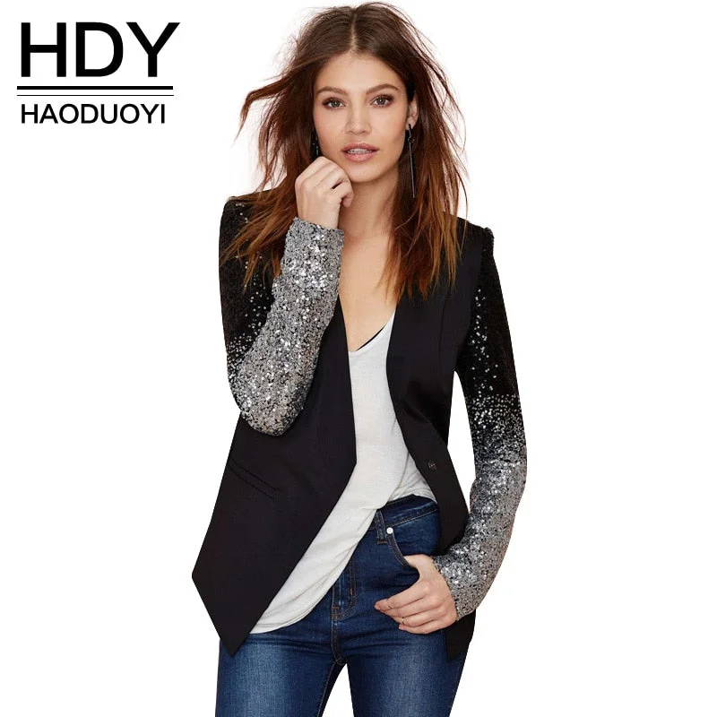 Chic Clothing For Women HDY Haoduoyi Spring Sequin Patchwork Sleeve Jackets PU Leather Slim Fit Club Jacket Causal Winter Coats Female Outwear Hot Sell Chic Clothing For Women HDY Haoduoyi Spring Sequin Patchwork Sleeve Jackets PU Leather Slim Fit Club Jacket Causal Winter Coats Female Outwear Hot Sell