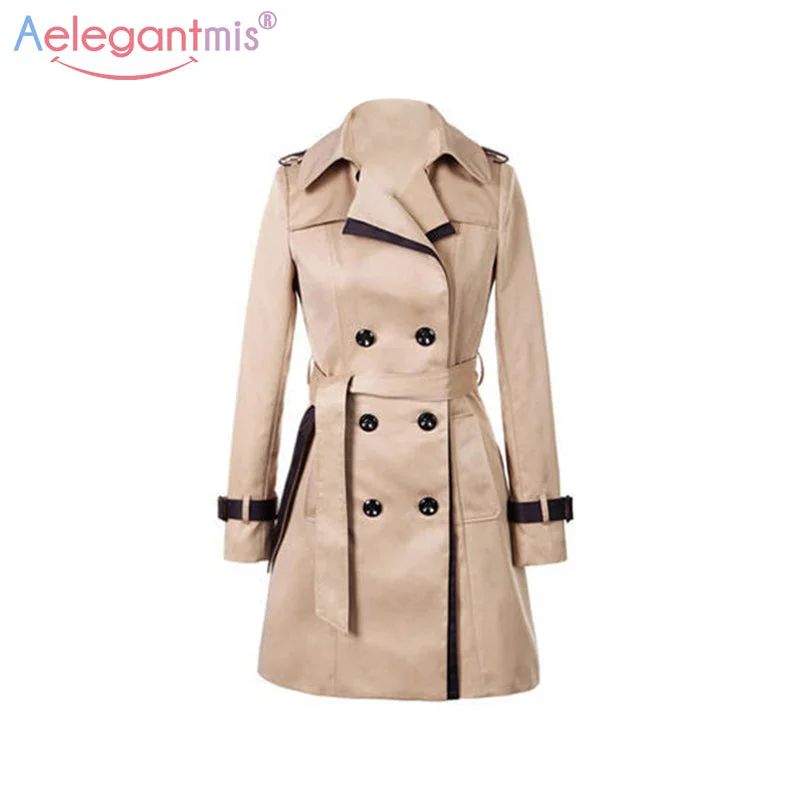 Women's Vintage Garments Aelegantmis 2018 Autumn Women Double Breasted Long Trench Coat Khaki With Belt Classic Casual Office Lady Business Outwear Fall