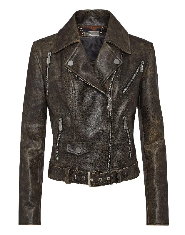 Women's Evening Garments Shoulder Padded Leather Biker Jacket