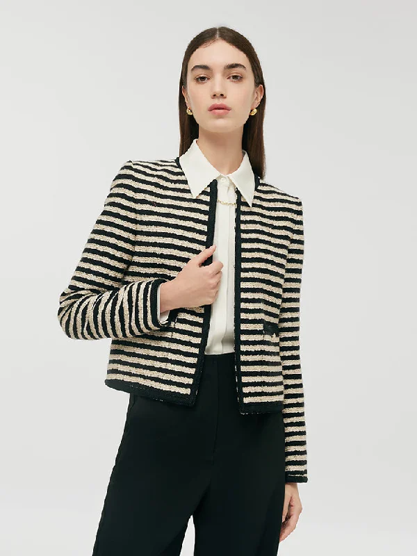 Women's Urban Clothing Wool Blend Black And White Stripe Tweed Women Crop Jacket