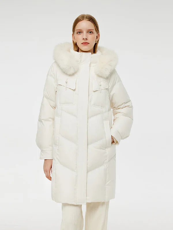Women's Seasonal Apparel Goose Down Coat With Detachable Faux Fur Hood