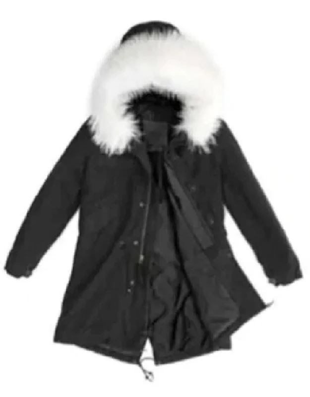 Comfortable Lounge Clothing Black Parka Quilt Lining White Fur