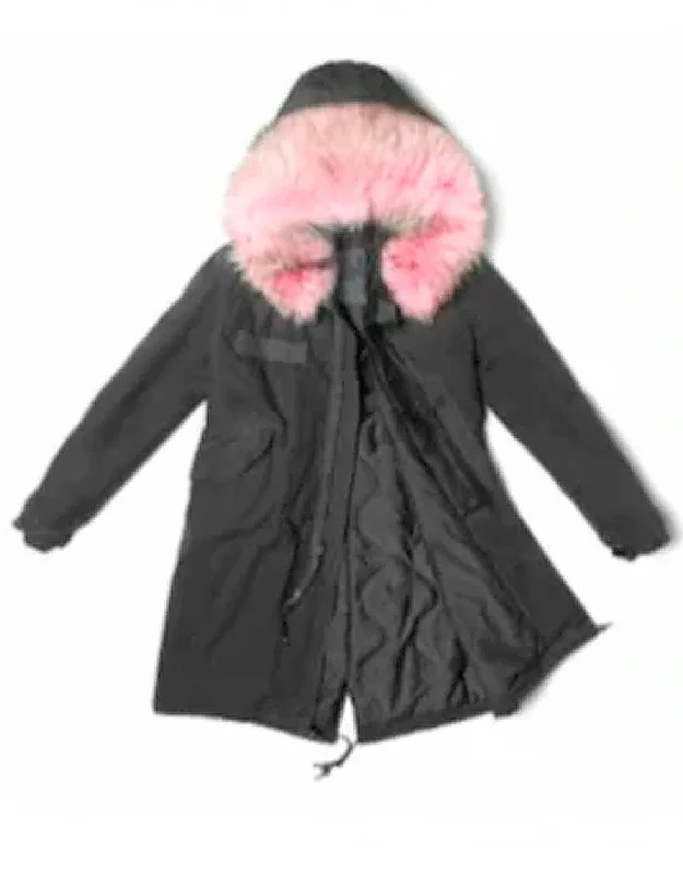 Vintage Clothing For Women BLACK PARKA QUILT LINING PINK FUR