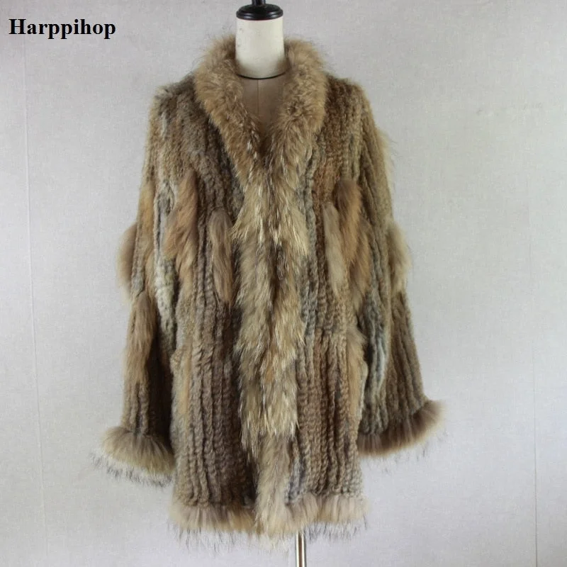 Women's High-Fashion Apparel 2018 Spain Russia USA Canada popular Women knitted real genuine real rabbit fur coat overcoat jackets garment  raccoon collar