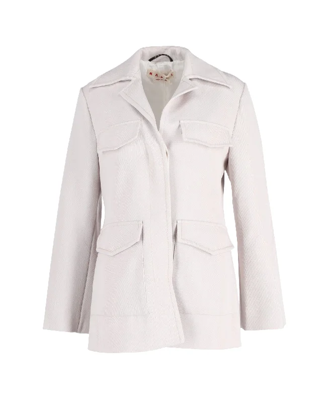 Stylish And Comfortable Clothing For Women Marni Spread Collar Flap Pocket Jacket in Off White Wool Polyester Blend