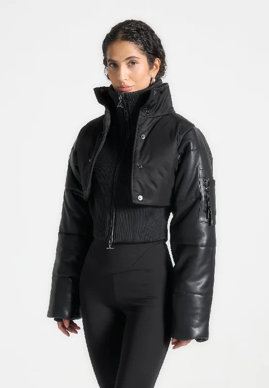 Unbeatable Discounts On The Latest Fashion Trends Leather and Nylon Layered Puffer Jacket - Black