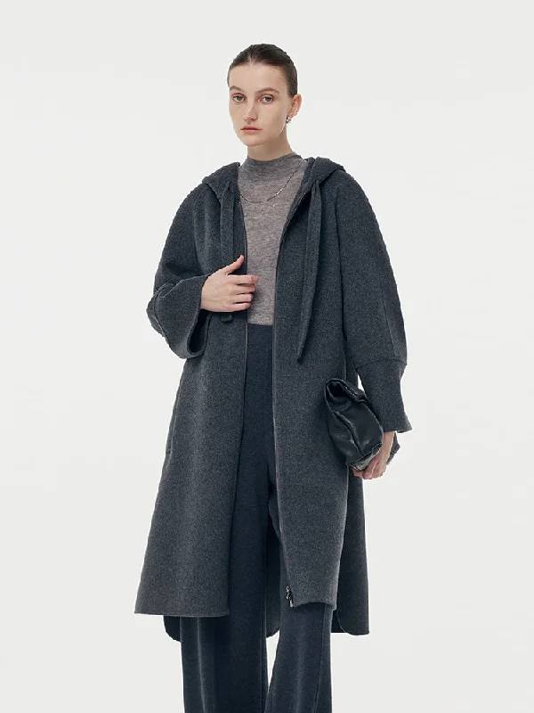 Fashionable Women's Casual Apparel 100% Wool Double-Faced Hooded Zip-Up Women Overcoat Fashionable Women's Casual Apparel 100% Wool Double-Faced Hooded Zip-Up Women Overcoat