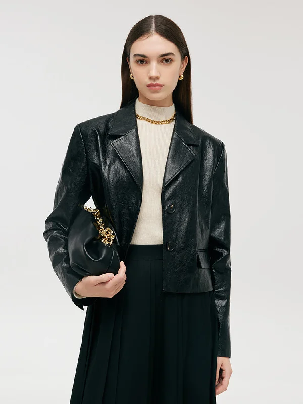 Women's Contemporary Apparel PU Leather Lapel Single-Breasted Women Crop Jacket