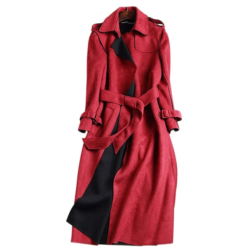 Plus-Size Women's Garments 2018 New Autumn Suede Trench Coat Women Abrigo Mujer Long Elegant Outwear Female Overcoat Slim Red Suede Cardigan Trench C3487
