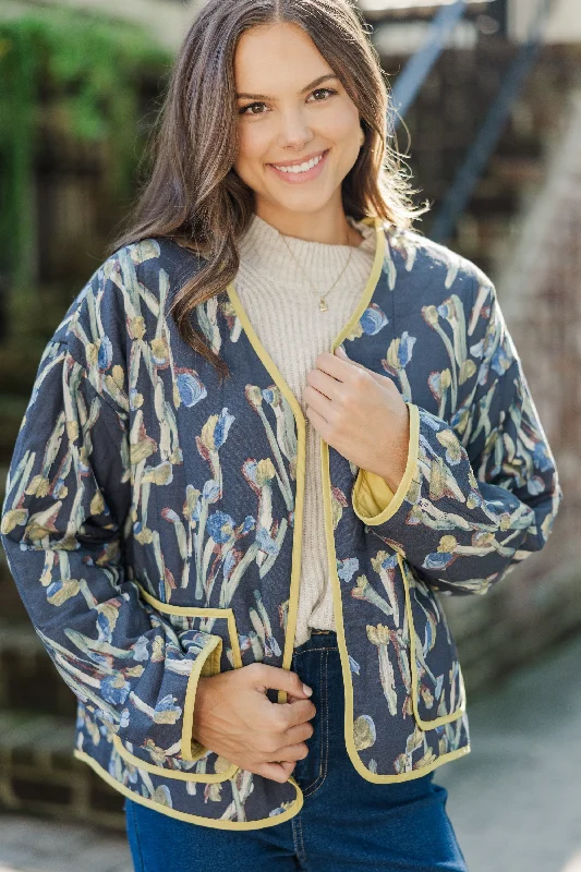 Women's Office Outfit Whatever You Want Navy Blue Floral Quilted Jacket