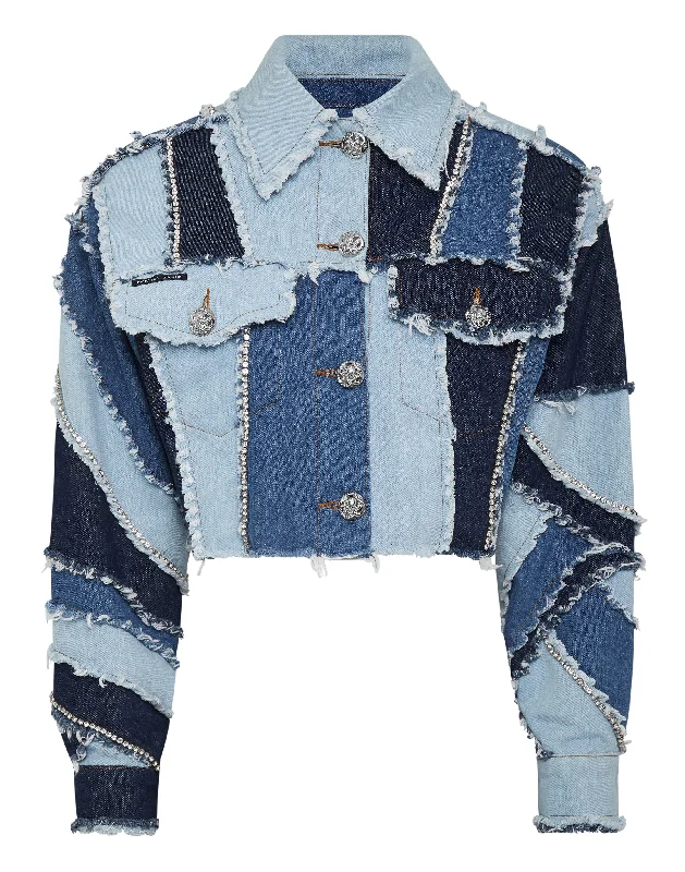 Women's Charming Outfit For Events Denim Cropped Jacket Patchwork