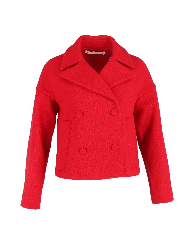 Women's Trendy Casual Outfit Marni Double Breasted Cropped Jacket in Red Wool