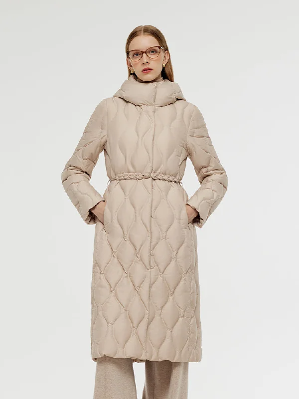 Vintage-Inspired Women's Clothes Gathered Waist Long Goose Down Coat With Belt