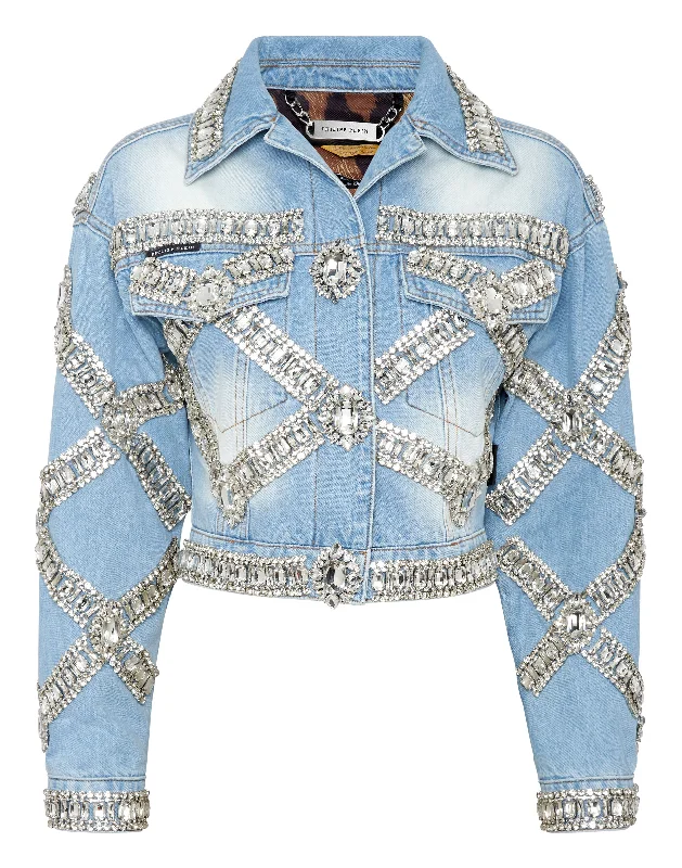 Women's Evening Outfit Cropped Oversize Denim Jacket Brooches