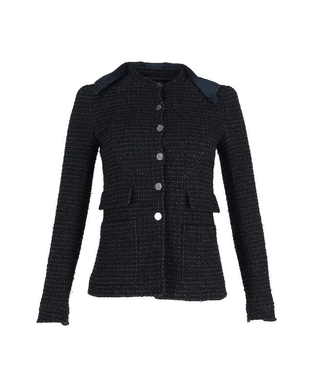 Women's Trendy Garments Chanel Boucle Tweed Fitted Jacket with Detachable Collar in Navy Blue Cotton Women's Trendy Garments Chanel Boucle Tweed Fitted Jacket with Detachable Collar in Navy Blue Cotton
